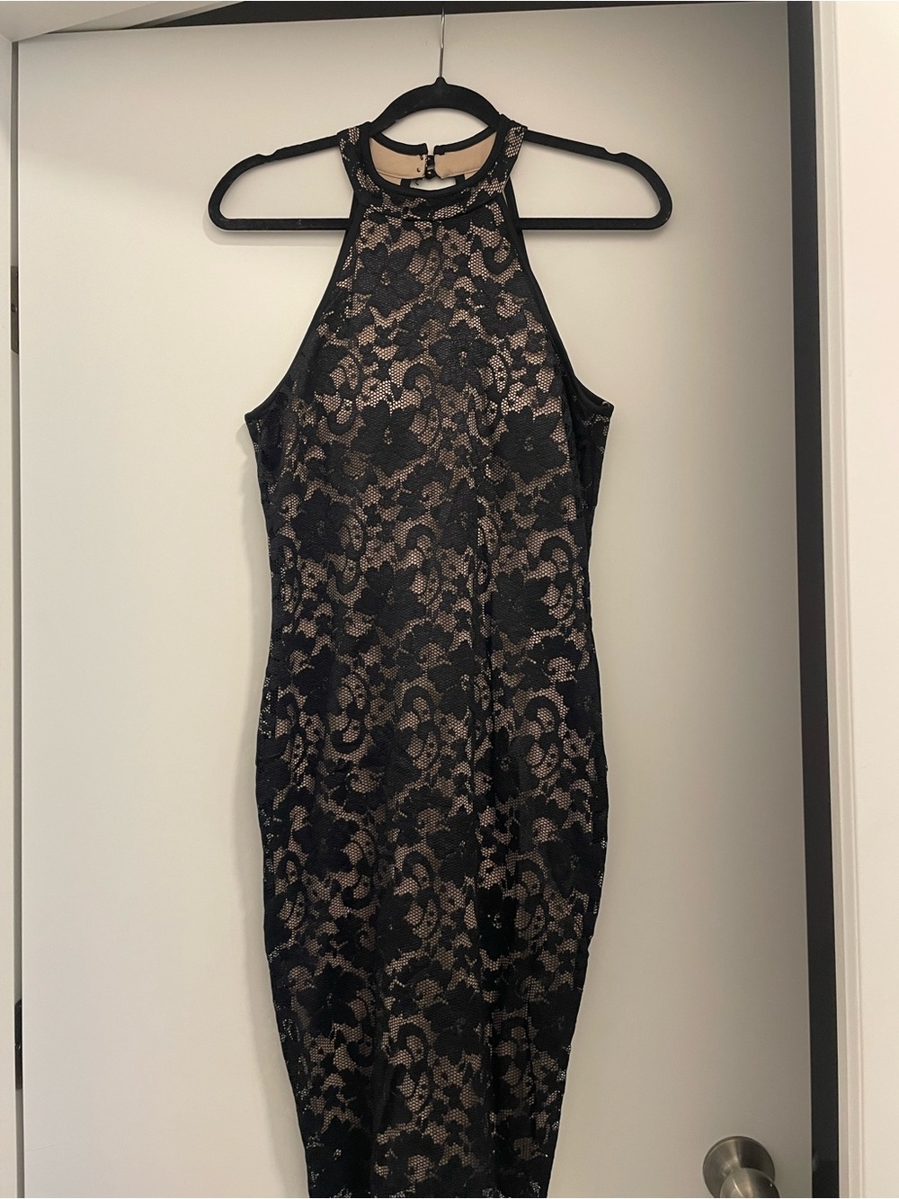 le chateau Black Lace Overlay with Nude Underlay Midi Dress